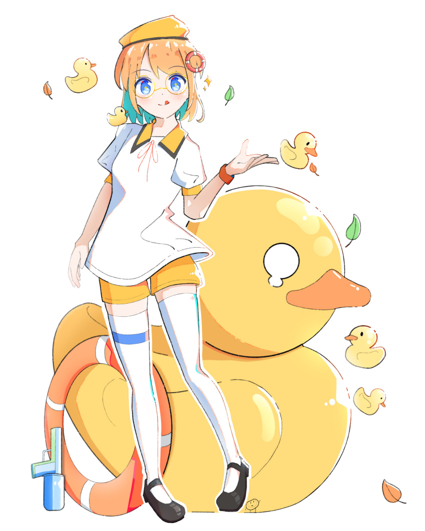 1girl black_footwear blue_eyes colored_inner_hair copyright_request glasses highres innertube leaf licking_lips lifebuoy_hair_ornament multicolored_hair nanhui_(pixiv_25128899) orange_hair rubber_duck shirt short_sleeves shorts solo sparkle standing thigh-highs tongue tongue_out water_gun white_shirt white_thighhighs wristband yellow_headwear yellow_shorts