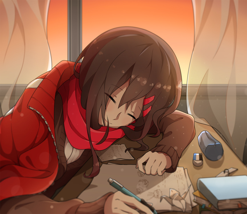 1girl arm_rest book bookmark brown_cardigan brown_hair cardigan closed_eyes closed_mouth collared_jacket commentary curtains desk doodles double-parted_bangs drawing english_commentary eraser facing_viewer gradient_sky hair_ornament hairclip highres holding holding_pen indoors jacket jacket_on_shoulders kagerou_project kent leaning leaning_to_the_side long_hair long_sleeves orange_sky origami paper paper_crane pen pencil_case red_jacket red_scarf scarf school school_desk school_uniform shirt single_stripe sky sleeping sleeping_upright smile solo striped striped_jacket sunset tateyama_ayano transparent_curtains upper_body white_shirt white_stripes window yellow_sky