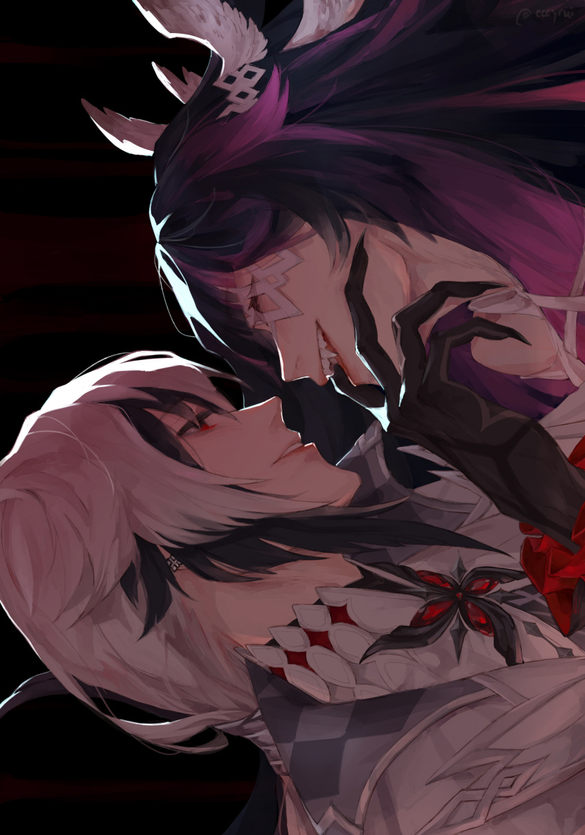 2girls absurdres arlecchino_(genshin_impact) black_gloves black_hair blindfold cccyrui closed_eyes columbina_(genshin_impact) ear_piercing facing_another fangs finger_in_another's_mouth frilled_sleeves frills from_side genshin_impact gloves gradient_hair hand_on_another's_face head_wings highres long_hair looking_at_another low_ponytail multicolored_hair multiple_girls multiple_wings open_mouth parted_lips piercing pink_hair portrait red_eyes sideways signature smile streaked_hair teeth twitter_username two-tone_hair white_hair wings yuri