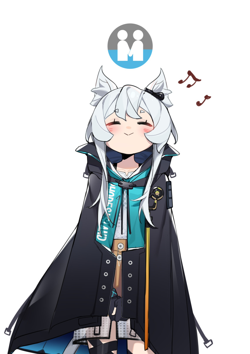 1girl :&gt; absurdres animal_ear_fluff animal_ears aqua_vest arknights black_coat blush brown_skirt chibi closed_eyes coat commentary cool_est cowboy_shot earpiece gameplay_mechanics highres looking_up musical_note own_hands_together rosmontis_(arknights) shirt short_hair short_hair_with_long_locks simple_background skirt solo symbol-only_commentary thigh_strap white_background white_hair white_shirt