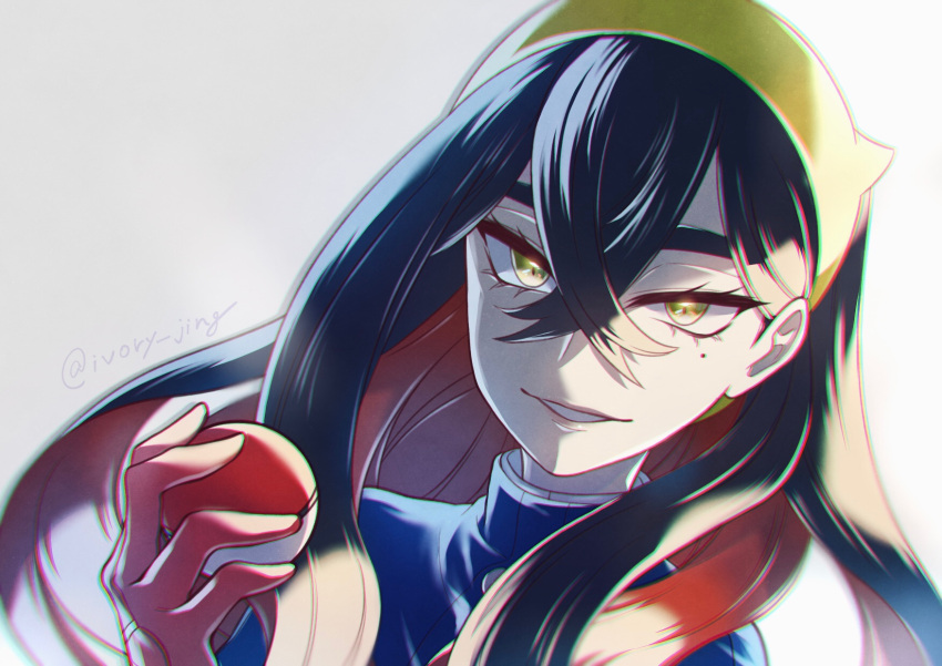 1girl black_hair blue_jacket buttons carmine_(pokemon) chromatic_aberration colored_inner_hair commentary_request crossed_bangs eyelashes gloves grin hair_between_eyes hairband hand_up highres holding holding_poke_ball ivory_(25680nico) jacket long_hair mole mole_under_eye multicolored_hair pink_gloves poke_ball poke_ball_(basic) pokemon pokemon_(game) pokemon_sv smile solo teeth yellow_eyes yellow_hairband
