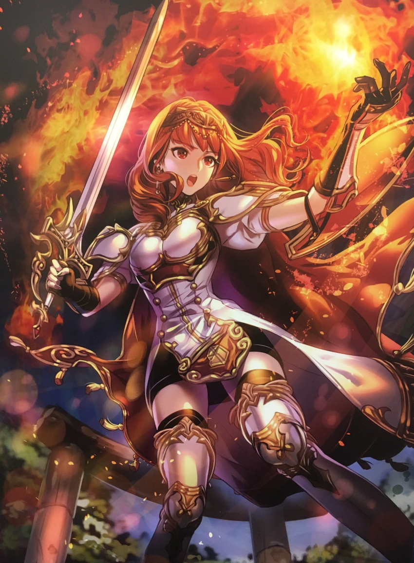 celica_(fire_emblem) fire fire_emblem fire_emblem_cipher fire_emblem_echoes:_shadows_of_valentia highres holding holding_sword holding_weapon open_mouth red_eyes redhead ryubiki sword weapon