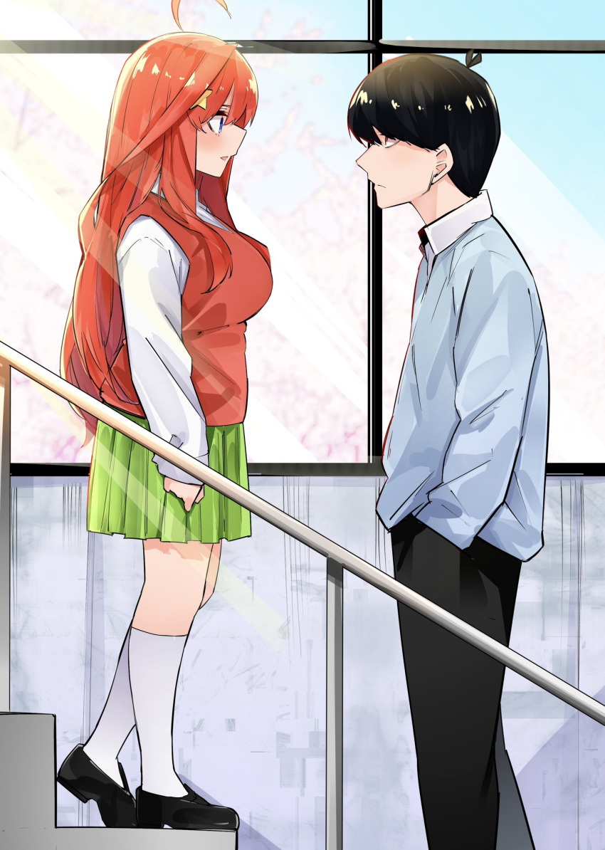 1boy 1girl ahoge antenna_hair arm_at_side backlighting black_footwear black_hair black_pants blue_eyes blue_sweater blush breasts cherry_blossoms closed_mouth commentary day eye_contact eyebrows_hidden_by_hair from_side frown full_body go-toubun_no_hanayome green_skirt hair_between_eyes hair_ornament hand_in_pocket hetero highres indoors large_breasts loafers long_hair long_sleeves looking_at_another mame1645 miniskirt nakano_itsuki open_mouth orange_eyes pants pleated_skirt profile red_sweater_vest redhead school_uniform shirt shoes short_hair sidelocks skirt socks stairs star_(symbol) star_hair_ornament surprised sweater sweater_vest swept_bangs symbol-only_commentary uesugi_fuutarou very_long_hair white_shirt white_socks wide-eyed window