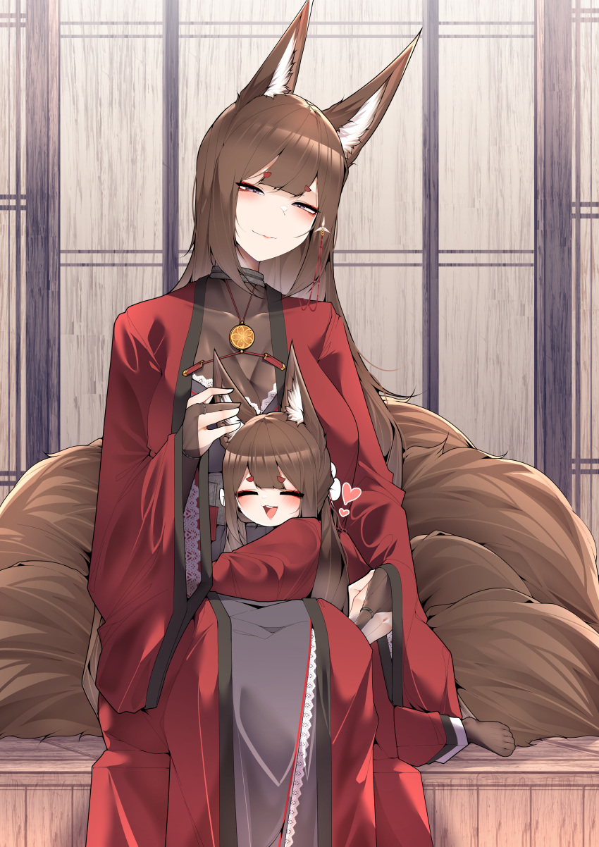 2girls absurdres amagi-chan_(azur_lane) amagi_(azur_lane) animal_ears azur_lane blush brown_hair closed_eyes commentary_request cuddling eyeshadow facing_viewer fox_ears fox_girl fox_tail hair_between_eyes hair_ornament hairpin half-closed_eyes hand_on_another's_back hand_on_another's_ear happy heart highres hug japanese_clothes kimono kitsune leaning_on_person long_hair looking_at_another looking_down makeup medallion multiple_girls multiple_tails open_mouth red_eyeshadow red_kimono sakura_empire_(emblem) samip sitting slit_pupils smile tail teeth upper_teeth_only very_long_hair violet_eyes wide_sleeves