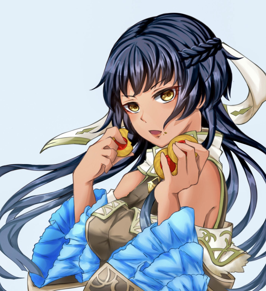 1girl athena_(fire_emblem) bare_shoulders black_hair brown_dress cookie detached_sleeves dress eating fire_emblem fire_emblem:_mystery_of_the_emblem food food_on_face hair_ribbon highres holding holding_cookie holding_food long_hair looking_at_viewer open_mouth ribbon solo tankei_fm upper_body white_ribbon yellow_eyes