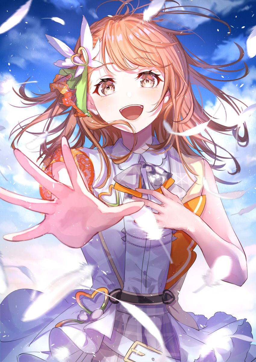 1girl absurdres armband bare_arms belt blue_sky brown_hair cape clouds cloudy_sky collared_shirt commentary_request day eye_reflection feathers floating_hair gold_trim grey_eyes grey_ribbon grey_skirt hair_ornament hanasato_minori hand_on_own_chest hand_up happy heart heart_hair_ornament highres lace light light_particles looking_at_viewer loose_belt medium_hair messy_hair motion_blur neck_ribbon official_alternate_costume open_mouth orange_ribbon outdoors outstretched_hand plaid plaid_ribbon plaid_skirt pleated_skirt project_sekai reflection ribbon shirt shirt_tucked_in single_vertical_stripe skirt sky solo sun sunlight swept_bangs tareme teeth todoke!_hopeful_stage_(project_sekai) two-tone_vest upper_teeth_only vest waist_cape white_belt white_cape white_feathers white_shirt white_vest wind wind_lift wing_collar wing_hair_ornament yuzuha_wasa