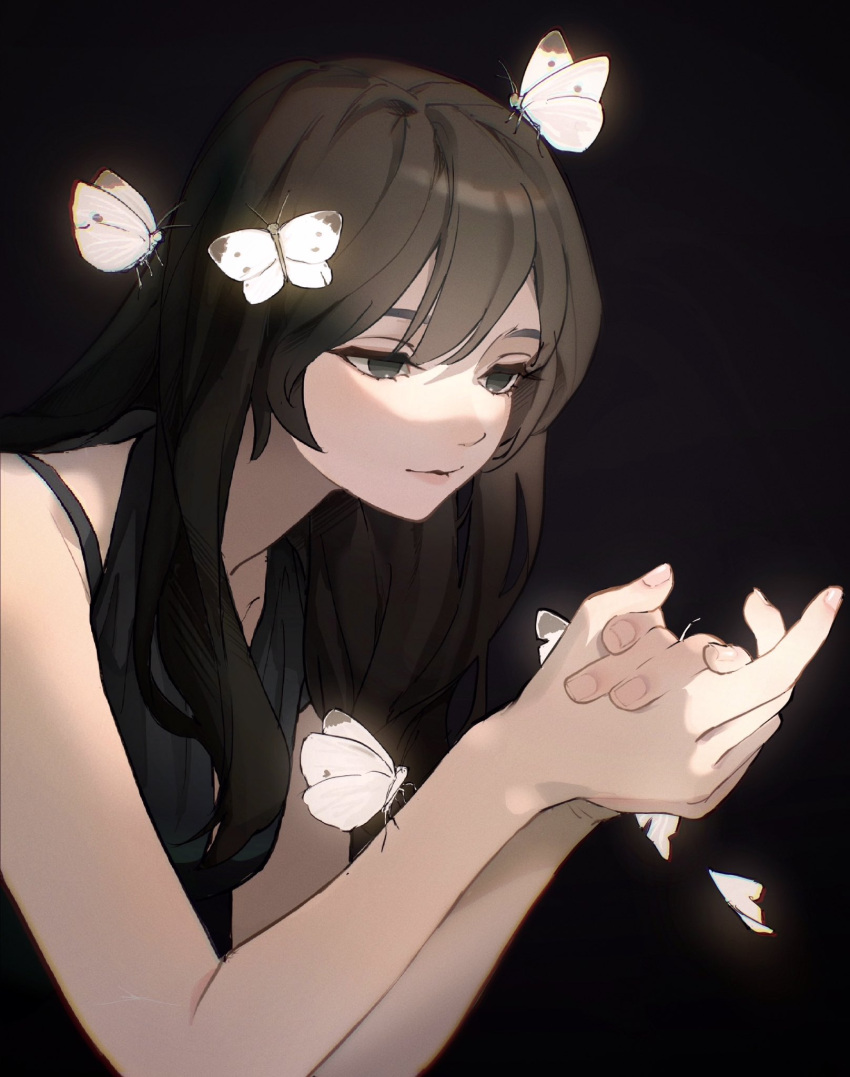 1girl bare_shoulders black_background black_shirt brown_eyes brown_hair bug butterfly butterfly_on_arm butterfly_on_hand butterfly_on_head closed_mouth fingernails hair_between_eyes highres holding_butterfly kimura_731 light light_smile long_hair original own_hands_together shirt simple_background sleeveless sleeveless_shirt smile solo upper_body