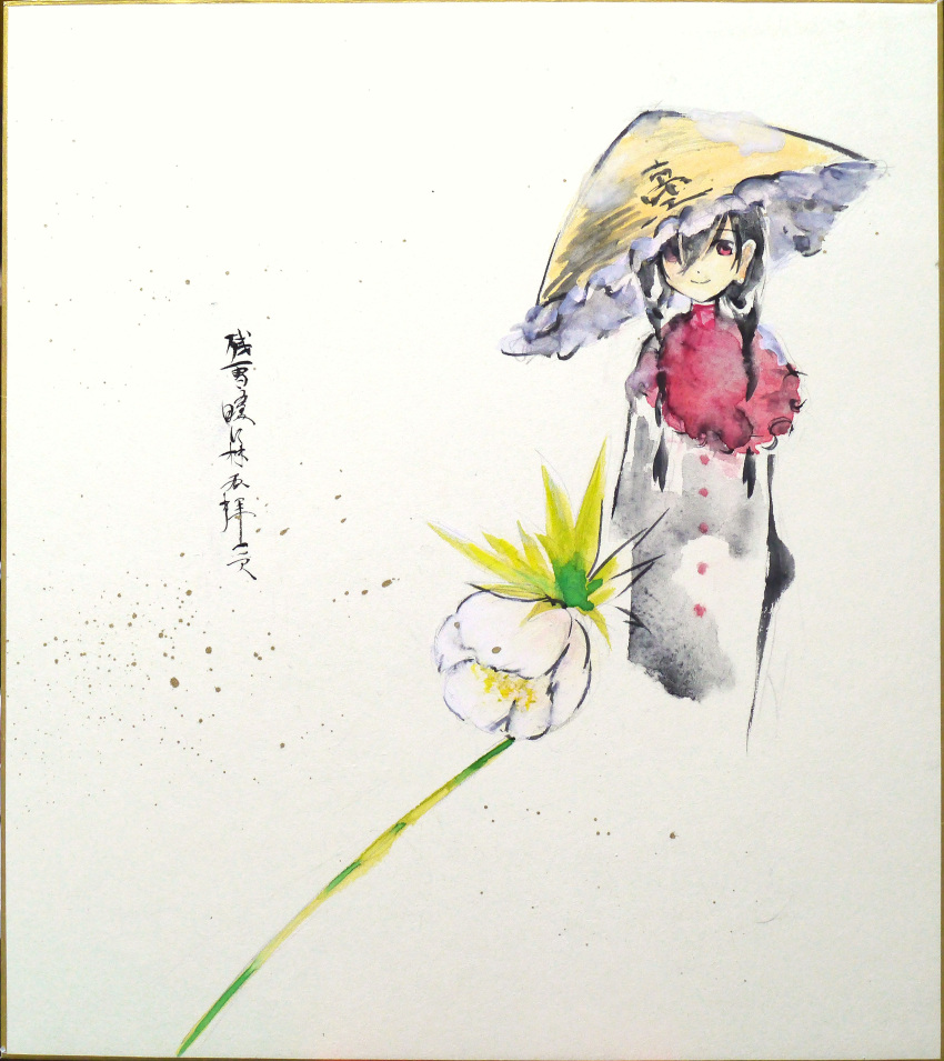 absurdres buttons capelet dress flower grey_dress hat highres ikeda_ruriko long_earlobes looking_at_viewer oversized_hat plant red_capelet red_eyes straw_hat touhou traditional_media white_background white_flower yatadera_narumi