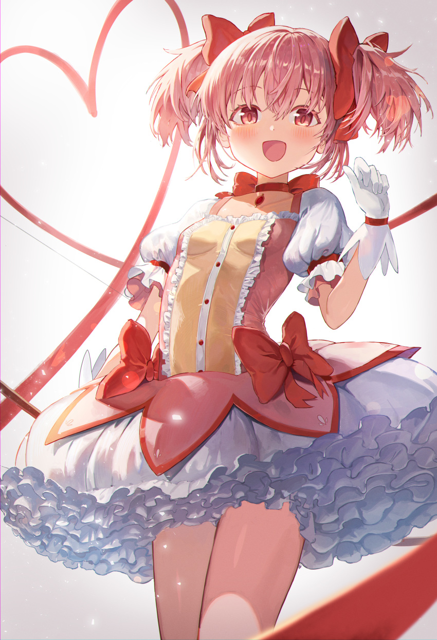 1girl absurdres bow breasts bubble_skirt choker cocoa_(ultra_mdk) commentary_request cowboy_shot facing_viewer frilled_skirt frills gloves hair_bow heart_ribbon highres kaname_madoka light_blush magical_girl mahou_shoujo_madoka_magica open_mouth pink_hair puffy_short_sleeves puffy_sleeves red_bow red_choker red_eyes red_ribbon revision ribbon ribbon_choker short_hair short_sleeves short_twintails skirt small_breasts smile solo soul_gem teeth twintails upper_teeth_only white_gloves
