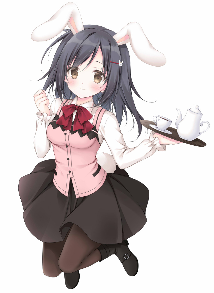 1girl absurdres animal_ears black_footwear black_hair black_skirt blush boots bow breasts brown_eyes brown_pantyhose closed_mouth collared_shirt commentary_request cosplay cup full_body gochuumon_wa_usagi_desu_ka? hair_ornament hairclip highres holding holding_tray hoto_cocoa hoto_cocoa_(cosplay) korie_riko long_hair long_sleeves looking_at_viewer medium_breasts original pantyhose pink_vest pleated_skirt rabbit_ears rabbit_hair_ornament rabbit_house_uniform red_bow saucer shirt simple_background skirt smile solo tray uniform vest waitress white_background white_shirt