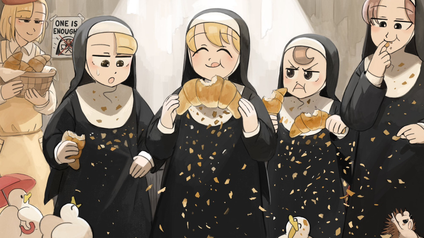 5girls ^_^ beret bird blonde_hair brown_eyes brown_hair catholic chicken closed_eyes clumsy_nun_(diva) croissant crumbs diva_(hyxpk) duck eating english_commentary food froggy_nun_(diva) habit hat hedgehog highres hungry_nun_(diva) little_nuns_(diva) multiple_girls nun poster_(object) red_headwear red_umbrella spicy_nun's_mother_(diva) spicy_nun_(diva) traditional_nun umbrella yellow_eyes