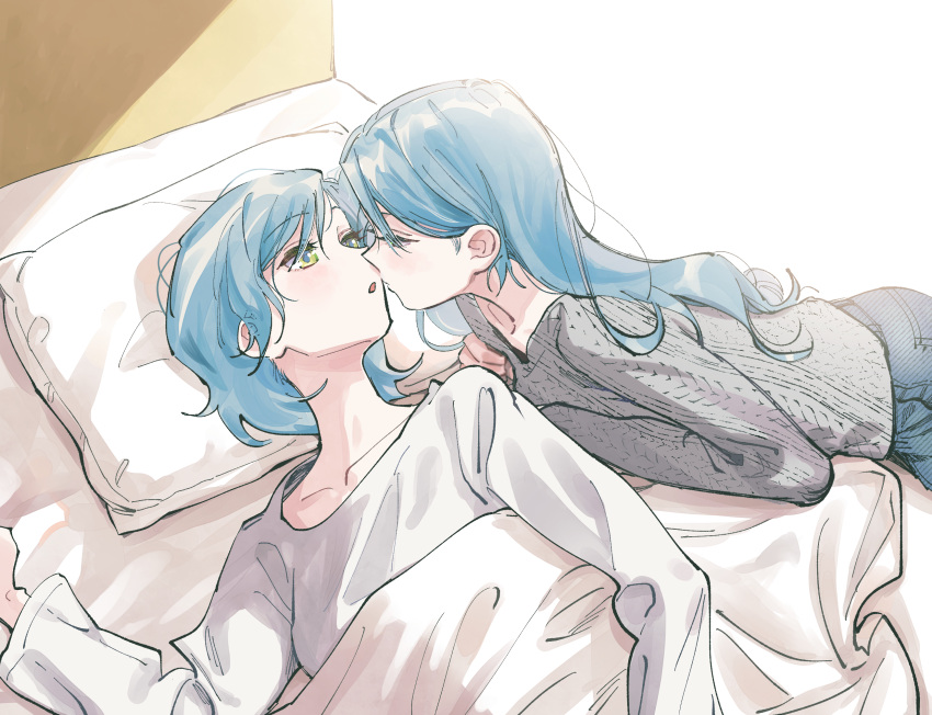 2girls aqua_hair bang_dream! blue_pants commentary eye_contact green_eyes grey_sweater hair_between_eyes highres hikawa_hina hikawa_sayo imminent_kiss incest knit_sweater long_hair long_sleeves looking_at_another medium_hair multiple_girls on_bed open_mouth pants pillow shirt siblings sisters sunlight sweater twincest twins under_covers white_background white_shirt yuri zihacheol