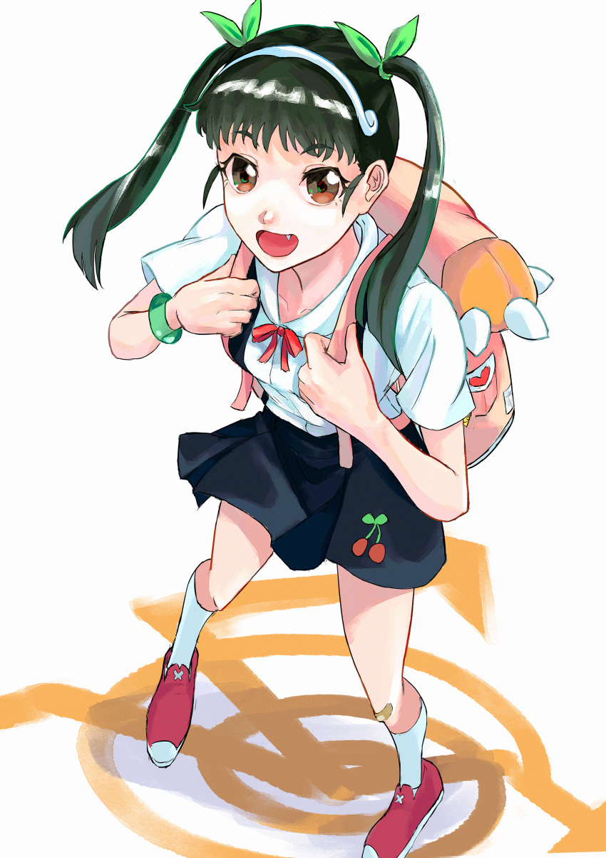 1girl :d absurdres backpack bag bandaid bandaid_on_knee bandaid_on_leg black_hair black_skirt bow bowtie breasts brown_eyes collarbone commentary dress_shirt fang foreshortening from_above full_body green_bracelet green_ribbon hachikuji_mayoi hair_ribbon hairband highres holding_strap kneehighs long_hair looking_at_viewer looking_up monogatari_(series) open_mouth pink_bag red_bow red_bowtie red_footwear ribbon school_uniform shirt shoes short_sleeves simple_background skirt small_breasts smile socks solo standing suspender_skirt suspenders takamiya2222 twintails white_background white_hairband white_shirt white_socks
