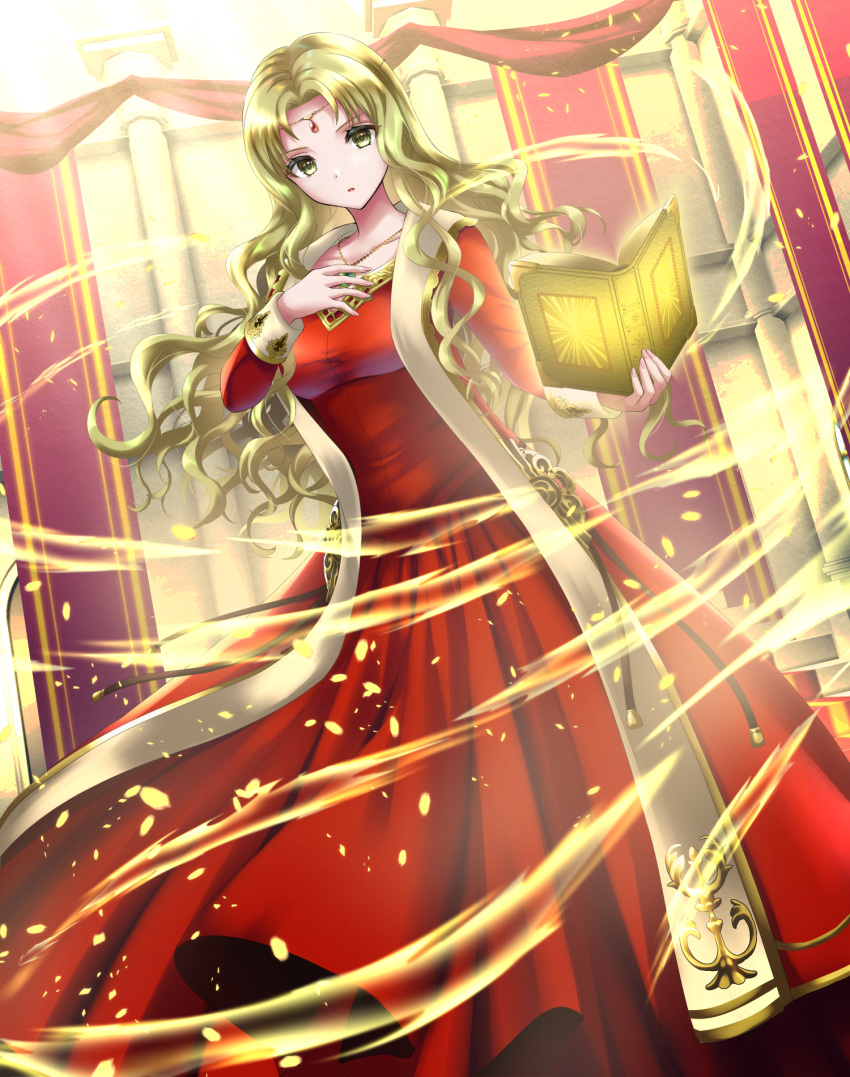 1girl blonde_hair book breasts cape circlet collarbone commission dress dutch_angle fire_emblem fire_emblem:_the_binding_blade fire_emblem_heroes fur_trim gold_trim green_eyes guinevere_(fire_emblem) highres holding holding_book indoors jewelry kakiko210 long_dress long_hair long_sleeves medium_breasts necklace open_mouth pixiv_commission red_dress solo