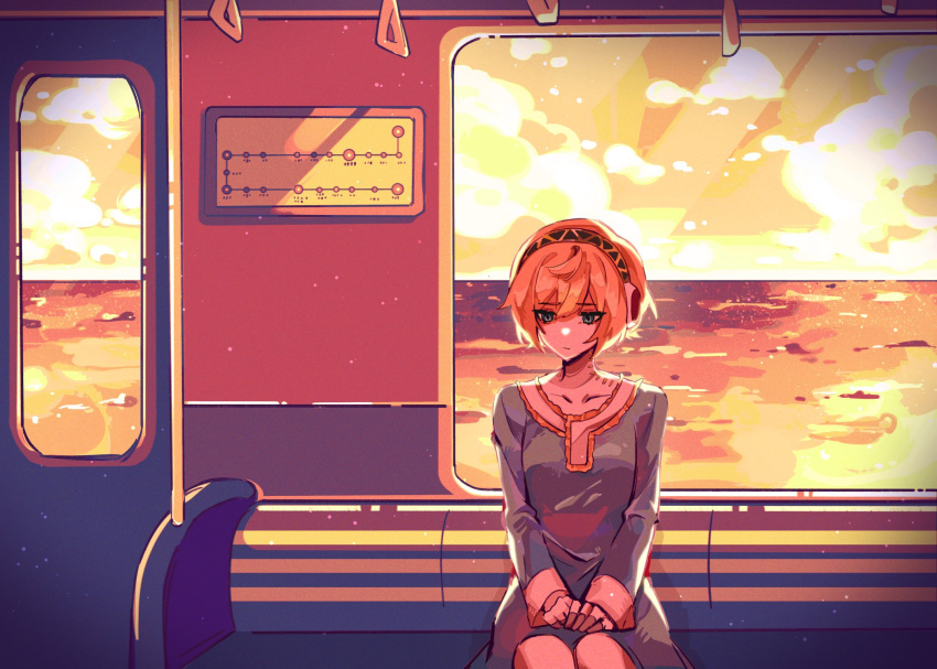 1girl aegis_(persona) android blonde_hair blue_dress blue_eyes clouds cloudy_sky dress emi_star frilled_dress frills hand_grip highres looking_down ocean own_hands_together persona persona_3 reflection reflective_water sad short_hair sitting sky solo sunset train_interior upper_body vignetting