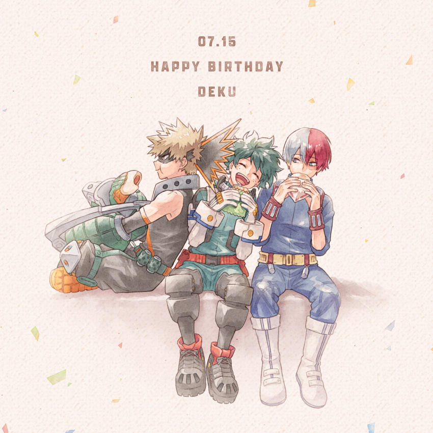 3boys :d ^_^ akairo_(chooop) armor bakugou_katsuki belt belt_pouch black_footwear black_pants black_shirt blonde_hair blue_eyes blue_jacket blue_pants blush boku_no_hero_academia boots burn_scar character_name closed_eyes closed_mouth commentary_request confetti dated eating elbow_gloves explosive food freckles gauntlets gloves green_gloves green_hair green_jumpsuit grenade grey_eyes hair_between_eyes hands_up happy happy_birthday heterochromia highres holding holding_food jacket jumpsuit laughing looking_at_another male_focus midoriya_izuku multicolored_hair multiple_boys open_mouth orange_gloves pants pouch profile red_belt red_eyes redhead scar scar_on_face shirt short_hair sideways_glance simple_background sitting sleeveless sleeveless_shirt sleeves_past_elbows smile spiky_hair split-color_hair teeth todoroki_shouto tongue two-tone_gloves two-tone_hair v-shaped_eyebrows white_background white_footwear white_gloves white_hair yellow_belt