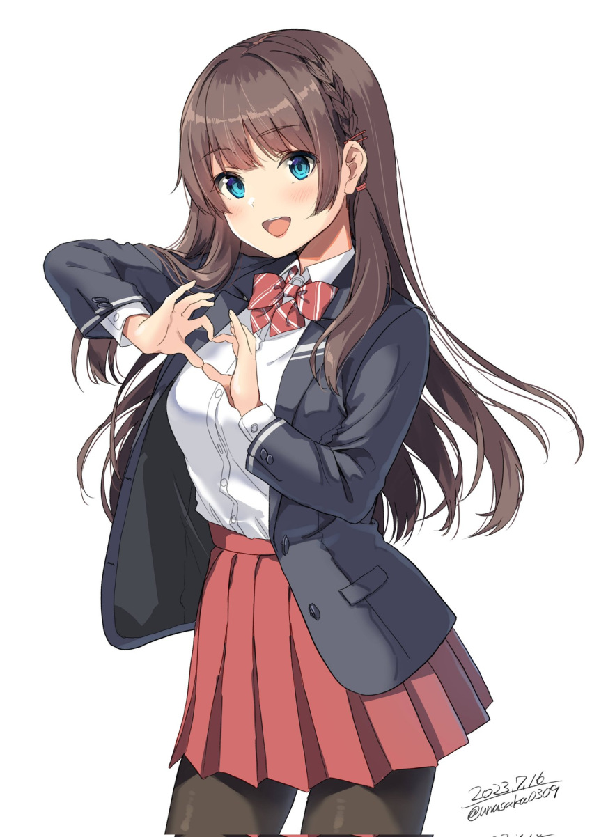 1girl artist_name black_pantyhose blazer blue_eyes blue_jacket blush bow bowtie braid breasts brown_hair collared_shirt cowboy_shot dated dress_shirt heart heart_hands highres jacket long_hair looking_at_viewer maki_makishima_(makimaki) medium_breasts open_clothes open_jacket open_mouth original pantyhose pleated_skirt red_bow red_bowtie red_skirt school_uniform shirt sidelocks simple_background skirt smile solo striped striped_bow striped_bowtie teeth unasaka_ryou upper_teeth_only white_background white_shirt