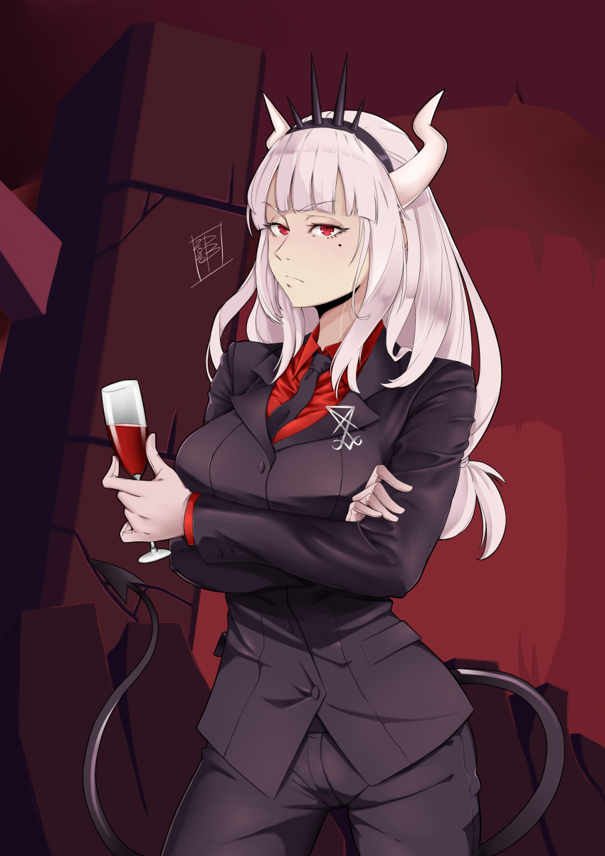 1girl absurdres black_necktie black_suit crossed_arms crown cup damobelmont demon demon_girl demon_horns demon_tail drinking_glass helltaker highres holding holding_cup horns long_hair lucifer_(helltaker) mole mole_under_eye necktie office_lady red_eyes red_shirt shirt suit tail white_hair white_horns wine_glass