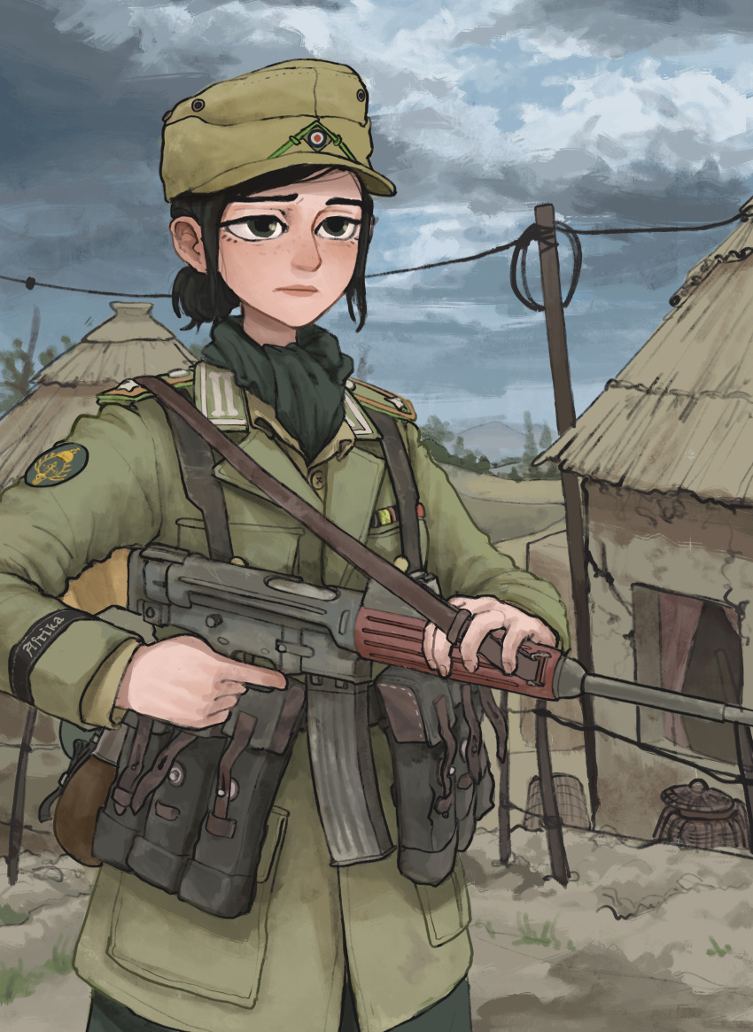 1girl absurdres africa afrika_korps ammunition_pouch assault_rifle belt black_eyes black_hair black_scarf blush breast_pocket brown_belt brown_headwear brown_jacket brown_shirt buttons canteen closed_mouth clouds collar_tabs collared_shirt commentary commission cuff_title dark_clouds day english_commentary fence_post gas_mask_canister grey_pants gun hat hat_ornament highres hut insignia jacket lapels load_bearing_equipment looking_ahead m43_field_cap military military_hat military_jacket military_uniform nose notched_lapels original outdoors overcast pants patch pink_lips pocket pouch power_lines ribbon_bar rifle rifleman1130 scarf shirt short_hair short_ponytail shoulder_boards shoulder_patch sky sling soldier solo stg45 trigger_discipline uniform upper_body utility_pole weapon world_war_ii