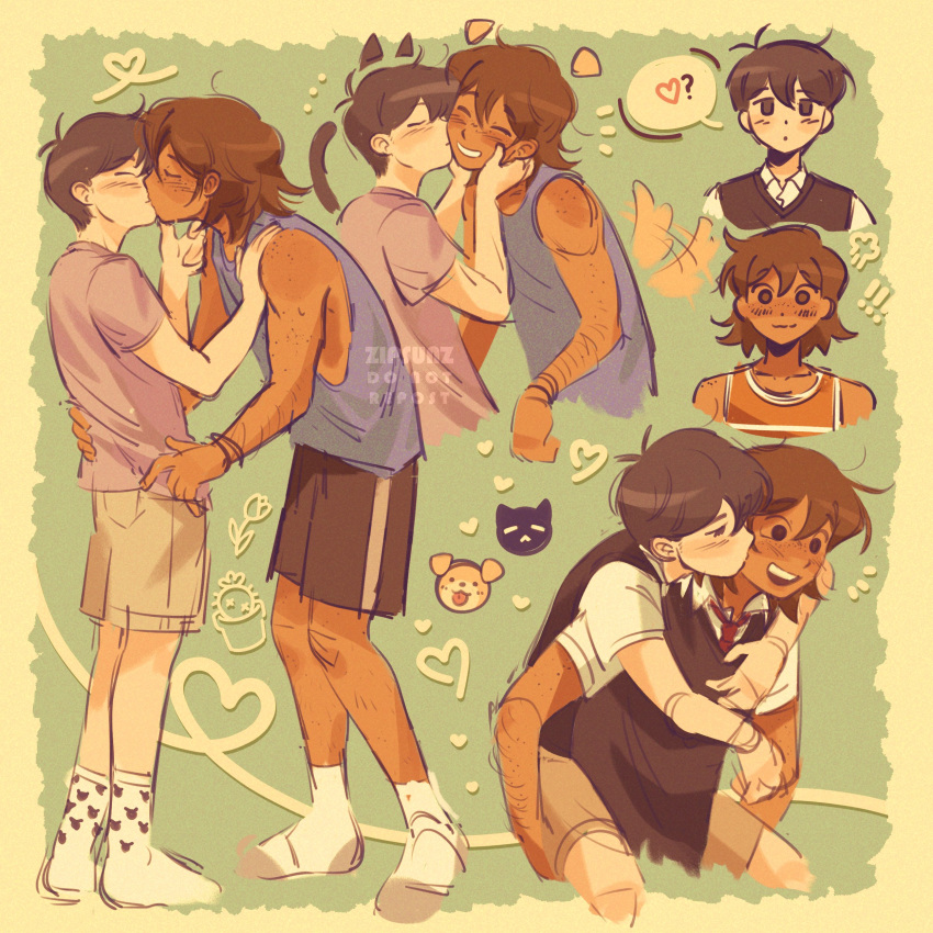 ! !! 2boys ? absurdres artist_name bishounen black_hair carrying cat_boy dog_boy english_commentary hands_on_another's_face heart highres interracial kel_(omori) kiss kissing_cheek male_focus multiple_boys omori piggyback short_hair shorts simple_background smile socks spoken_heart spoken_question_mark sunny_(omori) tail tail_wagging tank_top teeth upper_teeth_only white_socks yaoi zipsunz