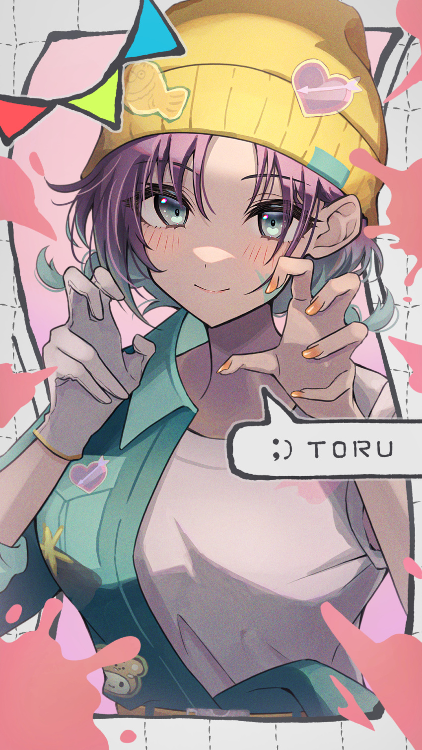 1girl asakura_toru beanie blue_eyes blue_hair blush breasts character_name closed_mouth commentary_request cropped_torso gloves gradient_hair green_overalls hair_between_eyes hat highres idolmaster idolmaster_shiny_colors looking_at_viewer multicolored_hair nail_polish open_clothes orange_nails overalls paint_splatter parted_bangs partially_undressed paw_pose purple_hair shirt short_hair short_sleeves single_glove small_breasts smile solo umeume_(totoya) white_background white_shirt yellow_headwear