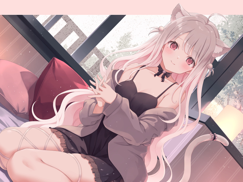 1girl animal_ears black_choker black_dress breasts cardigan cat_ears cat_girl cat_tail choker commission dress frilled_dress frills gradient_hair grey_cardigan grey_hair highres indie_virtual_youtuber interlocked_fingers long_hair long_sleeves looking_at_viewer multicolored_hair off_shoulder open_cardigan open_clothes pillow pink_hair red_eyes short_dress sitting skeb_commission sleeveless sleeveless_dress smile tail uise_iu very_long_hair virtual_youtuber white_hair yoshino_ryou