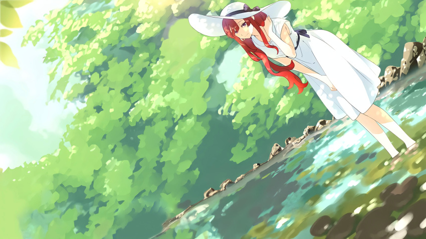 1girl absurdres breasts dress fate/grand_order fate_(series) highres large_breasts long_hair miss_crane_(fate) namori non-web_source official_art redhead river rock smile tree violet_eyes water white_dress white_headwear