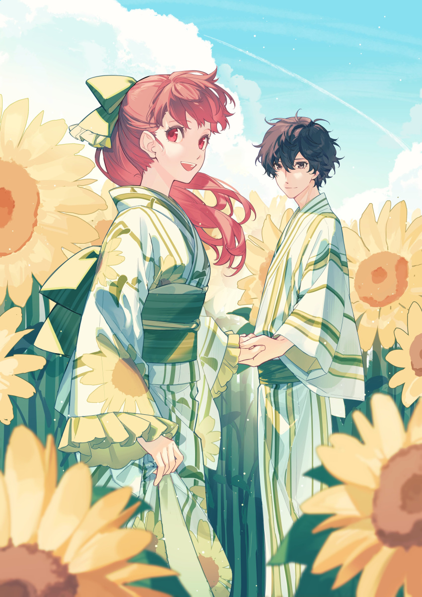 1boy 1girl absurdres alternate_costume amamiya_ren black_eyes black_hair blue_sky bow clouds commentary field floating_hair floral_print flower flower_field green_bow hair_between_eyes hair_bow highres holding_hands japanese_clothes kimono long_hair looking_at_viewer messy_hair obi outdoors persona persona_5 persona_5_the_royal ponytail print_kimono red_eyes redhead sash sky smile sunflower symbol-only_commentary tsubsa_syaoin wide_sleeves yellow_flower yoshizawa_kasumi