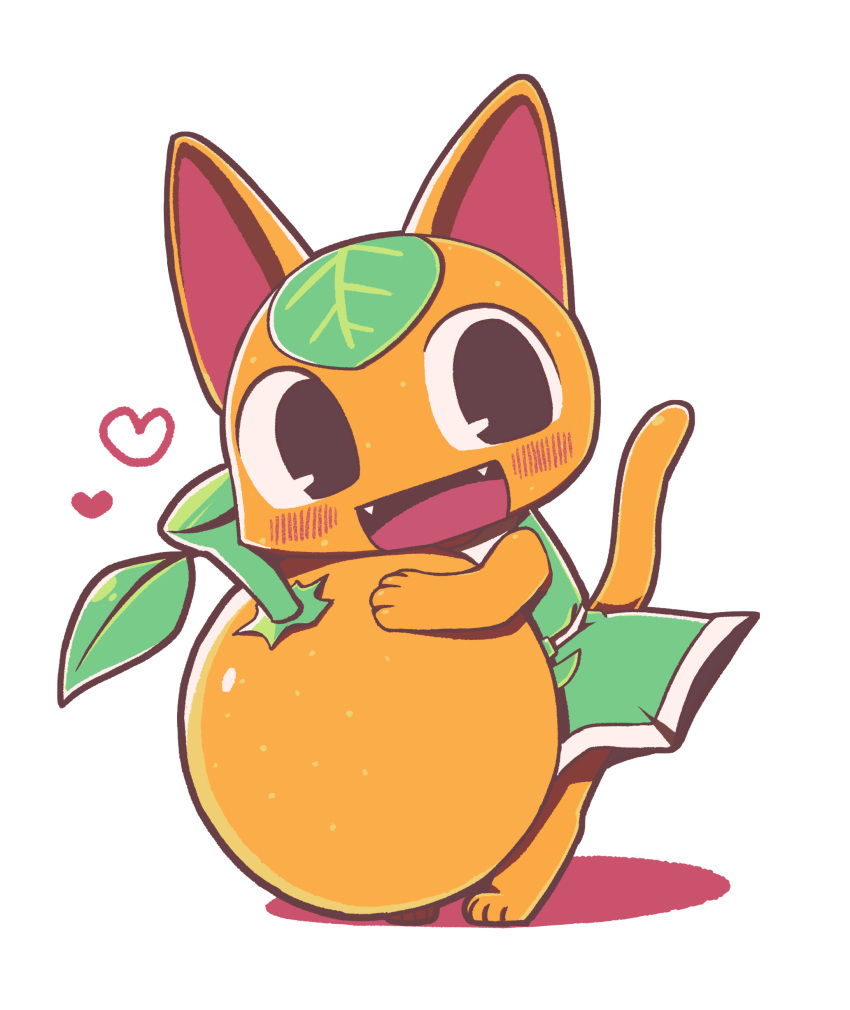 absurdres animal_crossing animal_ears blush cat cat_ears cat_girl cat_tail dress fangs food fruit furry furry_female green_dress haippp heart highres holding holding_food leaf open_mouth orange_(fruit) tail tangy_(animal_crossing)