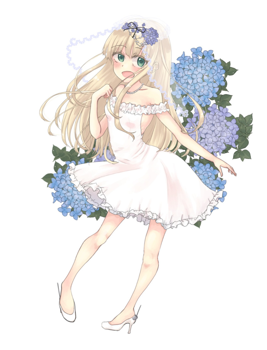 bare_shoulders black_ribbon blonde_hair bridal_veil dress flower frilled_dress frills green_eyes hair_flower hair_ornament hair_ribbon high_heels highres jewelry kantai_collection long_hair mizunototori necklace off-shoulder_dress off_shoulder open_mouth ribbon simple_background straight_hair veil wedding_dress white_background white_dress white_footwear yuudachi_(kancolle)