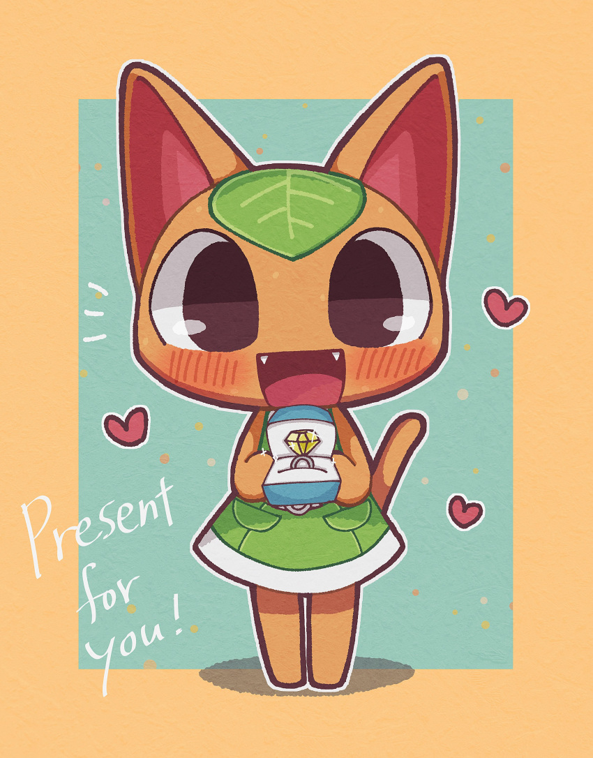absurdres animal_crossing animal_ears blush box cat cat_ears cat_girl cat_tail dress english_text fang furry furry_female gem gift gift_box green_dress haippp heart highres holding holding_gift leaf open_mouth orange_fur tail tangy_(animal_crossing)