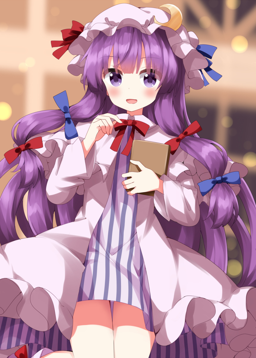 1girl blue_bow blush book bow crescent crescent_hat_ornament dress feet_out_of_frame hair_bow hat hat_ornament highres holding holding_book long_hair long_sleeves looking_at_viewer mob_cap open_mouth patchouli_knowledge purple_dress purple_hair purple_headwear red_bow ruu_(tksymkw) smile solo striped striped_dress touhou vertical-striped_dress vertical_stripes violet_eyes