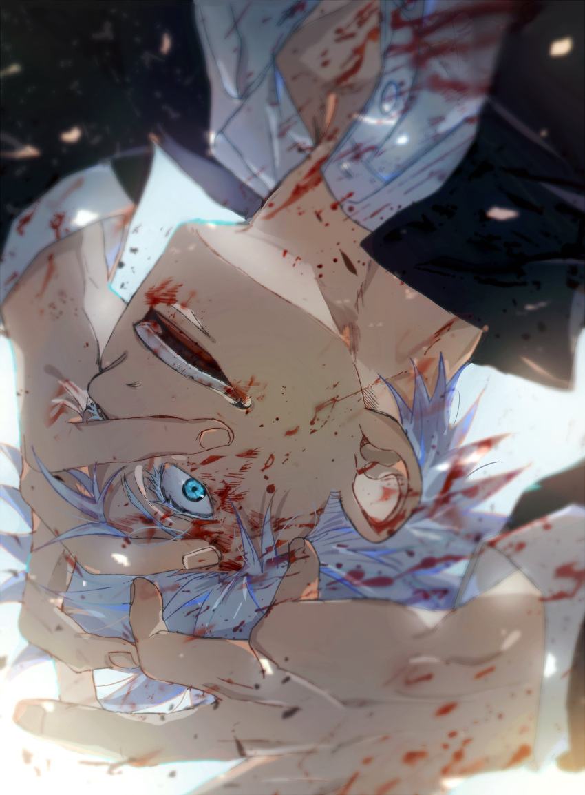 1boy absurdres black_jacket blood blood_on_clothes blood_on_face blue_eyes collared_shirt gojou_satoru hand_on_own_face hands_up highres jacket jujutsu_kaisen long_sleeves looking_at_viewer male_focus open_mouth profile shirt short_hair smile solo upper_body upside-down white_background white_hair white_shirt yoon_(dmsco1803)