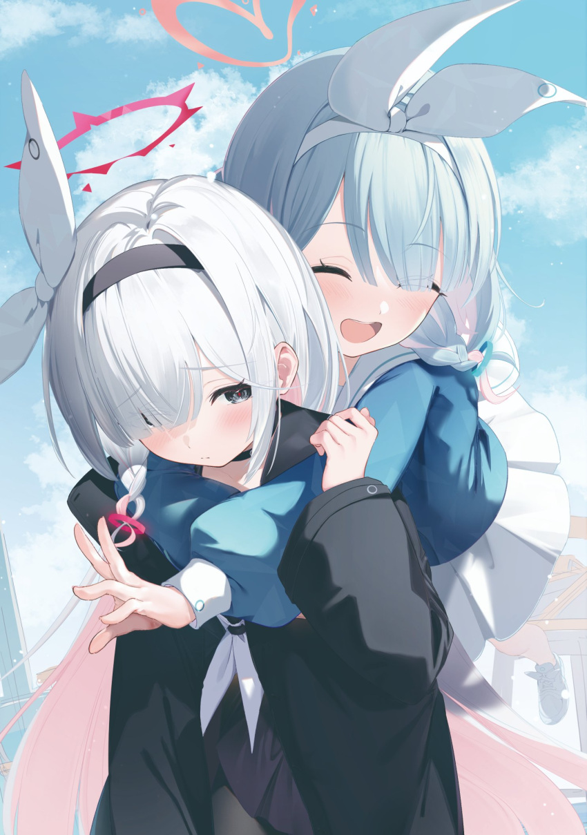 2girls arona_(blue_archive) blue_archive blue_hair blush braid closed_mouth frown grey_eyes hair_ribbon hairband halo highres hug hug_from_behind long_hair long_sleeves looking_at_another looking_back multiple_girls nokke_o open_mouth plana_(blue_archive) ribbon sailor_collar sidelocks skirt smile teeth upper_teeth_only white_hair white_ribbon white_sailor_collar white_skirt