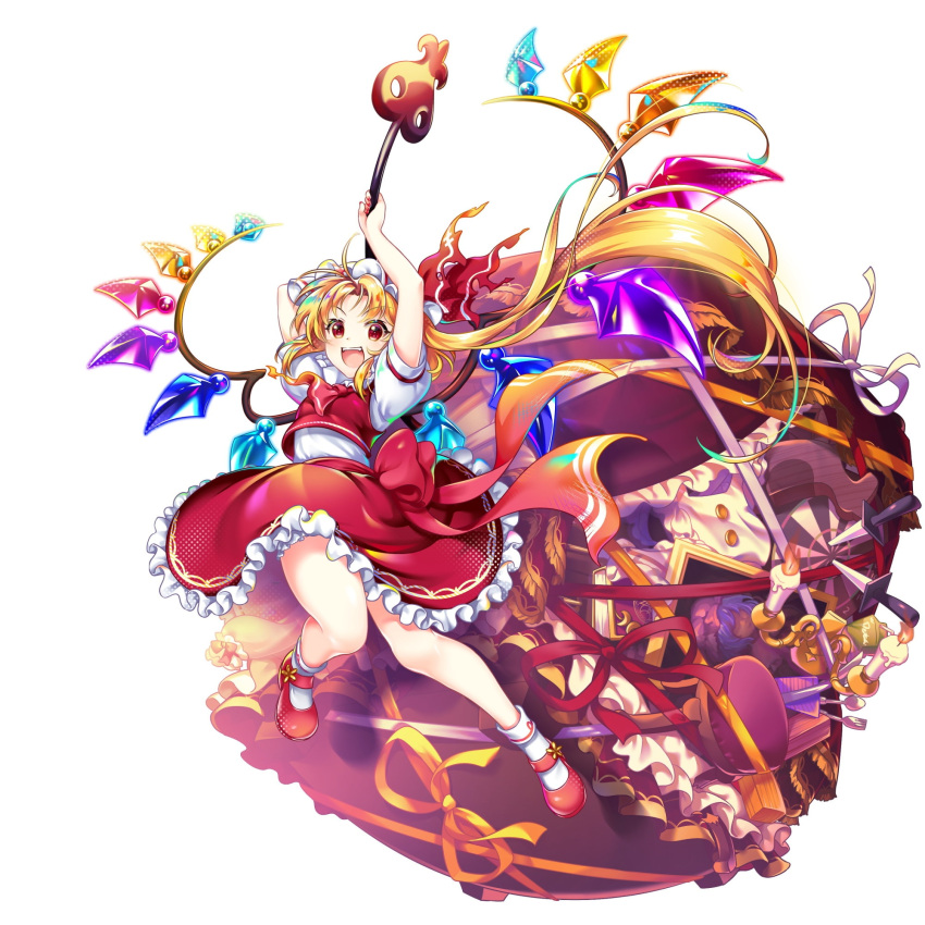 1girl :d ascot blonde_hair book candle candlestand crystal flandre_scarlet flandre_scarlet_(i'm_alright!) frilled_skirt frills full_body game_cg hat hat_ribbon highres knife long_hair looking_at_viewer mob_cap one_side_up open_mouth painting_(object) red_ascot red_eyes red_footwear red_ribbon red_skirt red_vest remilia_scarlet ribbon rotte_(1109) shirt sidelocks simple_background skirt smile socks solo third-party_source touhou touhou_lost_word very_long_hair vest white_background white_headwear white_shirt white_socks wings yellow_ribbon