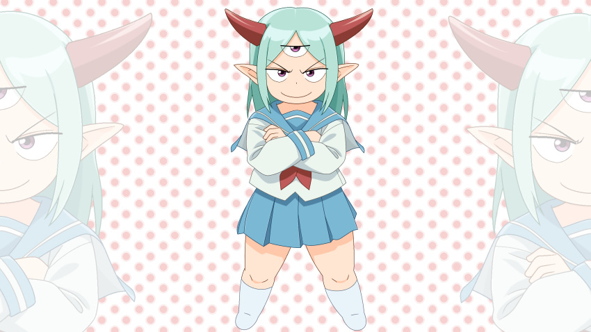 1boy absurdres aqua_hair babmouse blue_sailor_collar blue_skirt closed_mouth crossed_arms extra_eyes full_body highres horns jaggy_lines kneehighs legs_apart long_hair long_sleeves looking_at_viewer lv1_maou_to_one_room_yuusha making-of_available maou_(lv1_maou_to_one_room_yuusha) microsoft_paint_(medium) otoko_no_ko pleated_skirt pointy_ears polka_dot polka_dot_background red_horns sailor_collar skirt socks solo standing straight-on tsurime violet_eyes zoom_layer