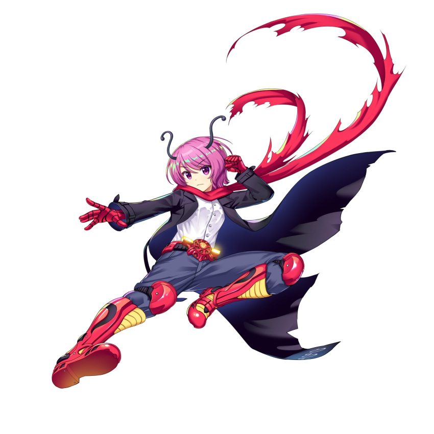 1girl alternate_eye_color alternate_hair_color antennae belt black_coat black_pants boots clenched_hand closed_mouth coat full_body game_cg gloves highres kamen_rider long_sleeves looking_at_viewer open_clothes open_coat pants parody pink_eyes pink_hair red_footwear red_gloves red_scarf rider_belt rider_kick rotte_(1109) scarf shirt short_hair simple_background solo third-party_source touhou touhou_lost_word white_background white_shirt wriggle_nightbug wriggle_nightbug_(kaiju_of_augmentation_and_mutation)