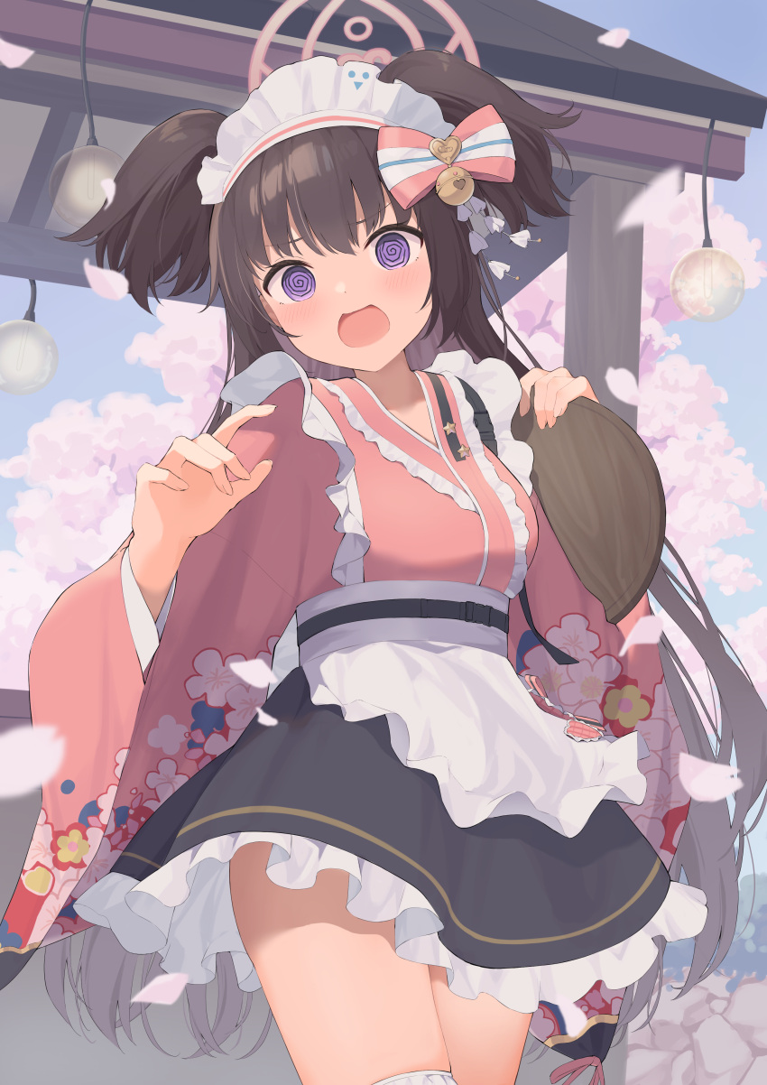 1girl @_@ absurdres apron bell blue_archive blue_skirt blush bow brown_hair cowboy_shot embarrassed falling_petals floral_print frilled_apron frills hair_bell hair_bow hair_ornament halo highres holding holding_tray hotarihotaru japanese_clothes kimono kimono_skirt light_bulb long_hair looking_at_viewer maid maid_headdress petals pink_halo pink_kimono plate shizuko_(blue_archive) skirt solo thigh-highs tray twintails two_side_up very_long_hair violet_eyes wa_maid waist_apron white_thighhighs wide_sleeves
