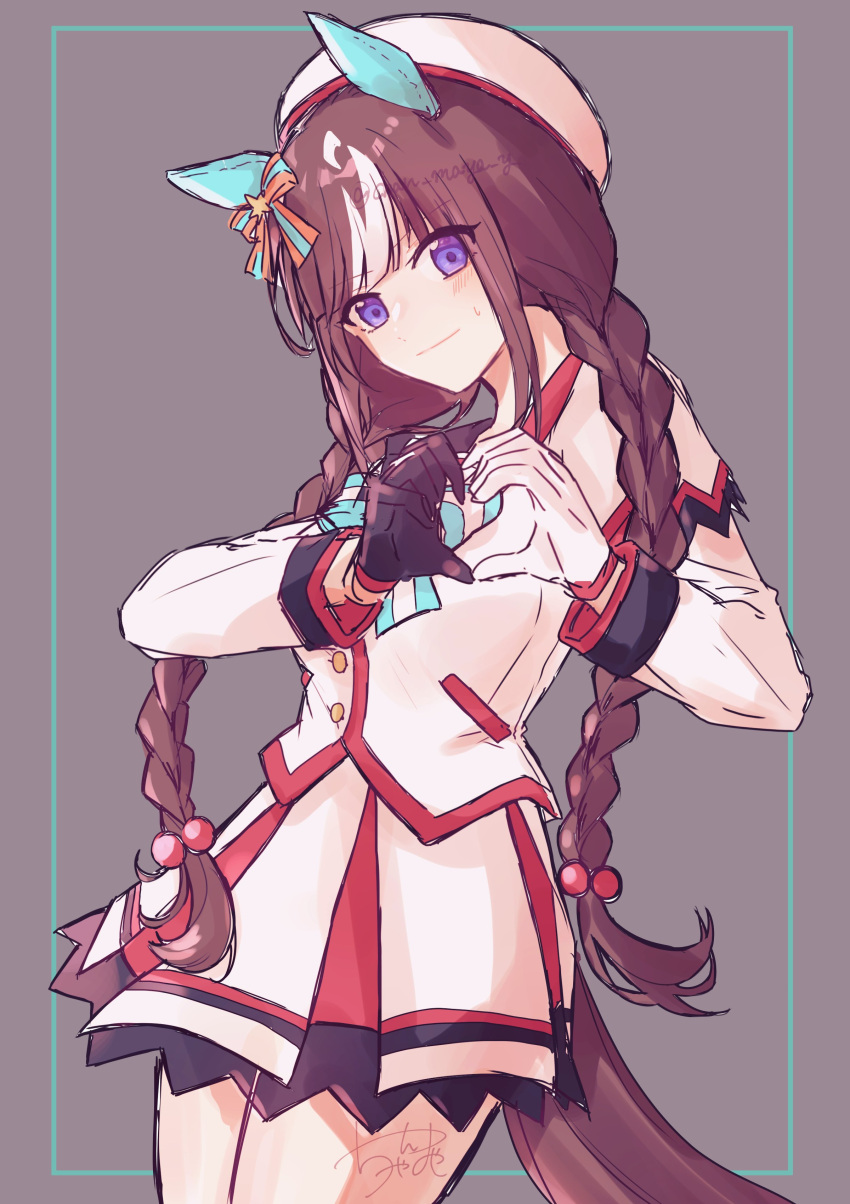 1girl absurdres animal_ears asymmetrical_gloves beret black_gloves braid brown_hair chan_maya closed_mouth cowboy_shot ear_covers gloves grey_background hair_bobbles hair_ornament hands_up hat heart heart_hands highres hokko_tarumae_(umamusume) horse_ears horse_girl horse_tail jacket long_hair long_sleeves looking_at_viewer mismatched_gloves multicolored_hair signature skirt smile solo streaked_hair sweatdrop tail twin_braids twintails twitter_username umamusume violet_eyes watermark white_gloves white_headwear white_jacket white_skirt