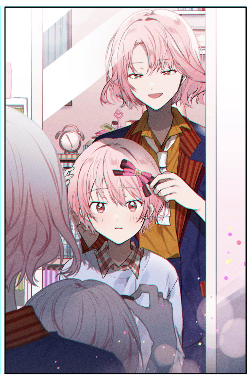 1girl 1other akiyama_mizuki akiyama_mizuki's_older_sister alarm_clock clock collared_shirt commentary dot_nose hair_ornament highres holding_hair_ornament lapels manami_(aph-23) mirror necktie notched_lapels open_mouth parted_lips pink_eyes pink_hair plaid project_sekai shirt short_hair sweater upper_body white_necktie