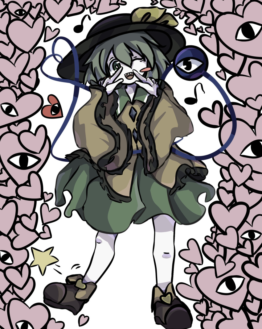 1girl absurdres black_footwear black_headwear blouse blush_stickers boots bow bright_pupils buttons controlord diamond_button eyeball frilled_shirt_collar frilled_sleeves frills full_body green_eyes green_skirt hat hat_bow hat_ribbon heart heart_of_string highres koishi_komeiji's_heart-throbbing_adventure komeiji_koishi light_green_hair long_sleeves looking_at_viewer medium_hair open_mouth pale_skin ribbon shirt simple_background skirt smile solo standing third_eye touhou wavy_hair white_background white_pupils wide_sleeves yellow_bow yellow_ribbon yellow_shirt