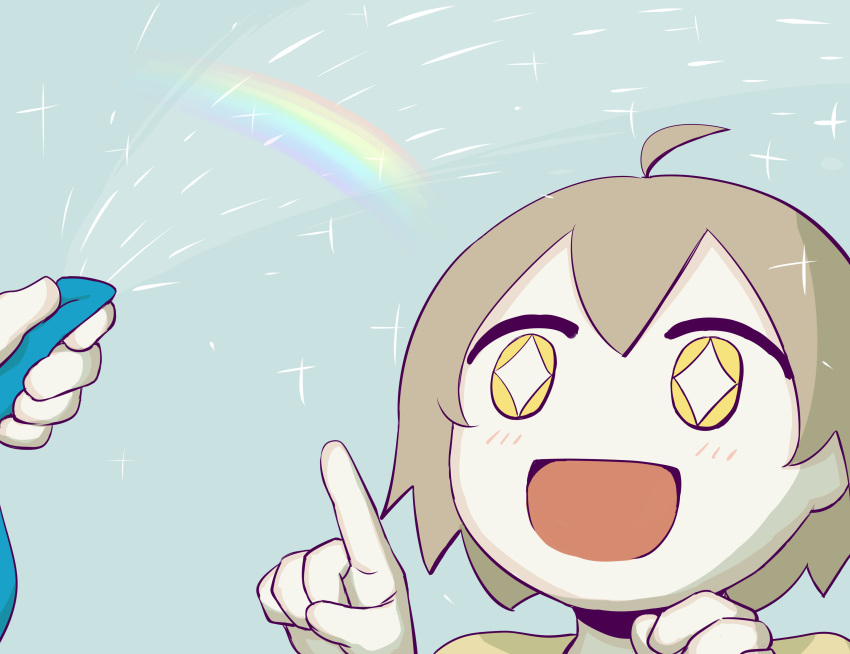 +_+ 1boy 1other absurdres ahoge avogado6 blue_background blush commentary_request hair_between_eyes hand_up hands_up highres holding holding_hose hose light_brown_hair looking_to_the_side open_mouth original pointing rainbow shirt short_hair short_sleeves simple_background smile solo_focus sparkle star_(symbol) t-shirt tongue upper_body water yellow_eyes yellow_shirt