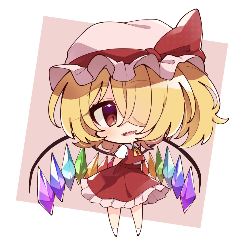 1girl absurdres arms_behind_back blonde_hair chibi crystal flandre_scarlet full_body hair_over_one_eye hat hat_ribbon highres looking_at_viewer medium_hair misosiru_0224 mob_cap neck_ribbon one_side_up open_mouth pink_background pink_headwear red_eyes red_ribbon red_skirt red_vest ribbon sharp_teeth shirt short_sleeves skirt smile socks solo teeth touhou vest white_background white_shirt white_socks wings yellow_ribbon