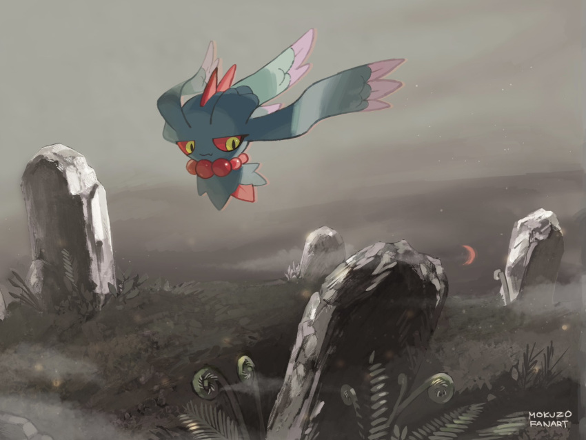 closed_mouth colored_sclera commentary floating flutter_mane fog highres looking_down mokuzou_(moku_ssbu) no_humans outdoors pokemon pokemon_(creature) red_sclera signature smile solo symbol-only_commentary tombstone yellow_eyes