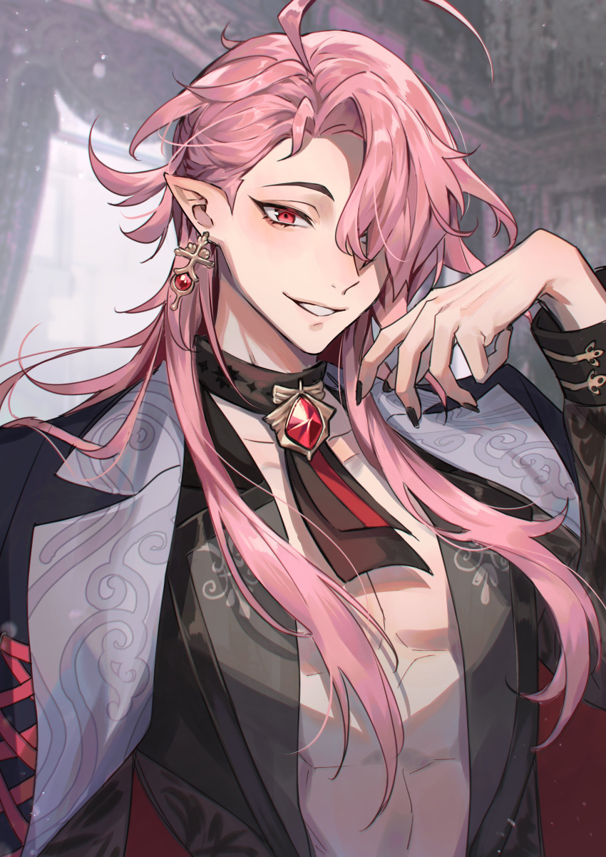 1boy absurdres ahoge aster_(nu_carnival) bishounen black_jacket black_nails earrings gem hair_over_one_eye highres jacket jewelry long_hair long_sleeves male_focus nanin nu_carnival official_alternate_costume official_alternate_hair_length official_alternate_hairstyle one_eye_covered pink_hair pointy_ears red_eyes red_gemstone shirt smile solo white_shirt