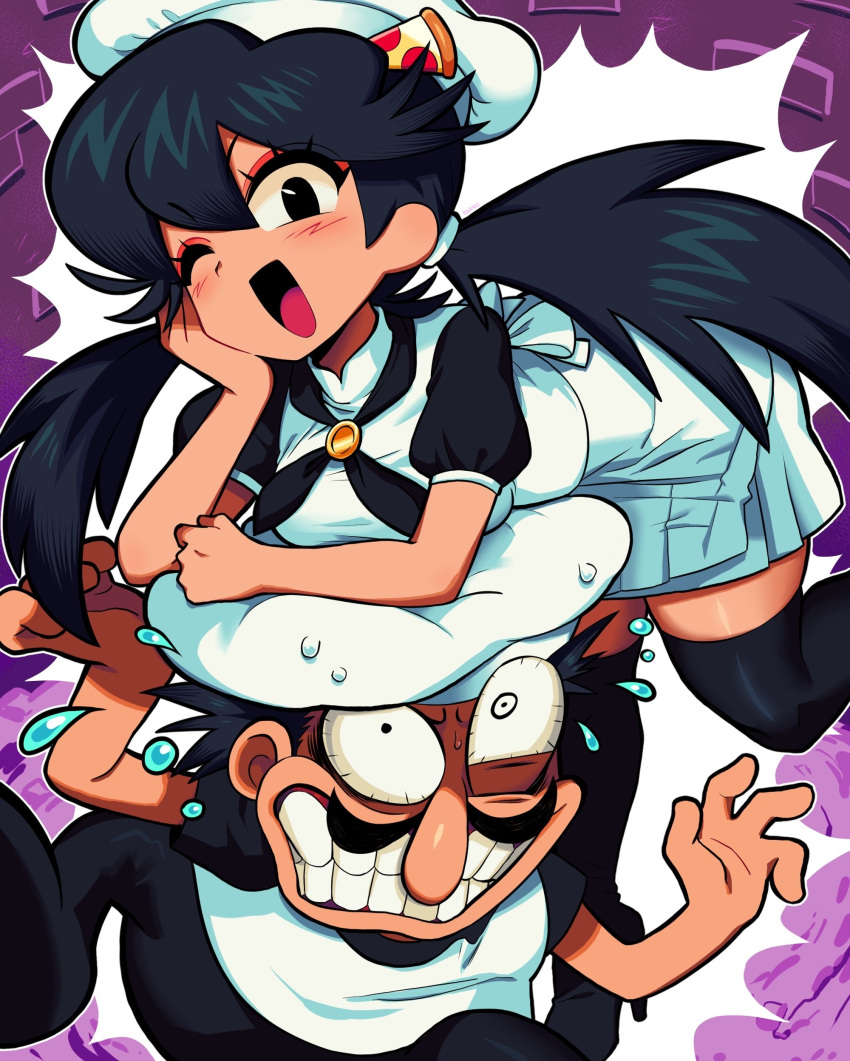 &gt;:) 1boy 1girl ;d absurdres angry asymmetrical_eyes black_footwear black_hair black_pants black_sleeves black_thighhighs breasts brick brick_wall bulging_eyes cartoonized chef chef_hat collar eye_twitch facial_hair flying_sweatdrops food genderswap genderswap_(mtf) hand_on_own_cheek hand_on_own_face hat highres long_mustache medium_breasts mustache one_eye_closed oversized_hat pants peppina_ramen peppino_spaghetti pizza pizza_hair_ornament pizza_tower pleated_skirt satanmanse shirt short_twintails skirt smile sweat sweatdrop thigh-highs toon_(style) twintails v-shaped_eyebrows white_shirt white_skirt