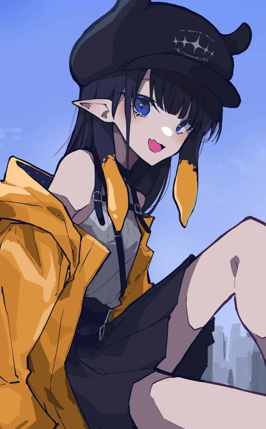 1girl absurdres alternate_costume black_hair black_headwear black_skirt blue_eyes blue_sky blunt_bangs english_commentary fang hat highres hololive hololive_english jacket looking_at_viewer mentally_deficient multicolored_hair ninomae_ina'nis open_mouth orange_hair pointy_ears shirt skin_fang skirt sky sleeveless solo tentacle_hair two-tone_hair virtual_youtuber white_shirt yellow_jacket