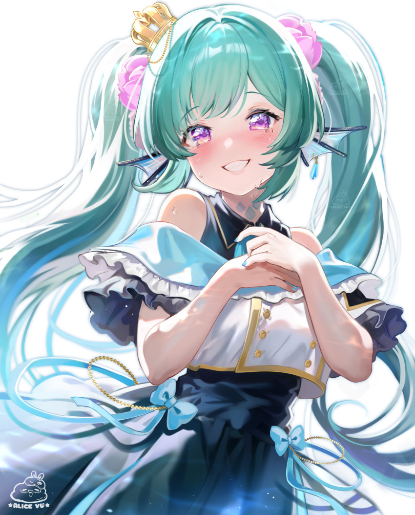 1girl absurdres alice_vu black_dress blue_nails crown crying crying_with_eyes_open dress finana_ryugu fins flower green_hair hair_flower hair_ornament hands_on_own_chest head_fins highres long_hair nijisanji nijisanji_en off_shoulder purple_flower smile solo tears transparent_background twintails violet_eyes virtual_youtuber