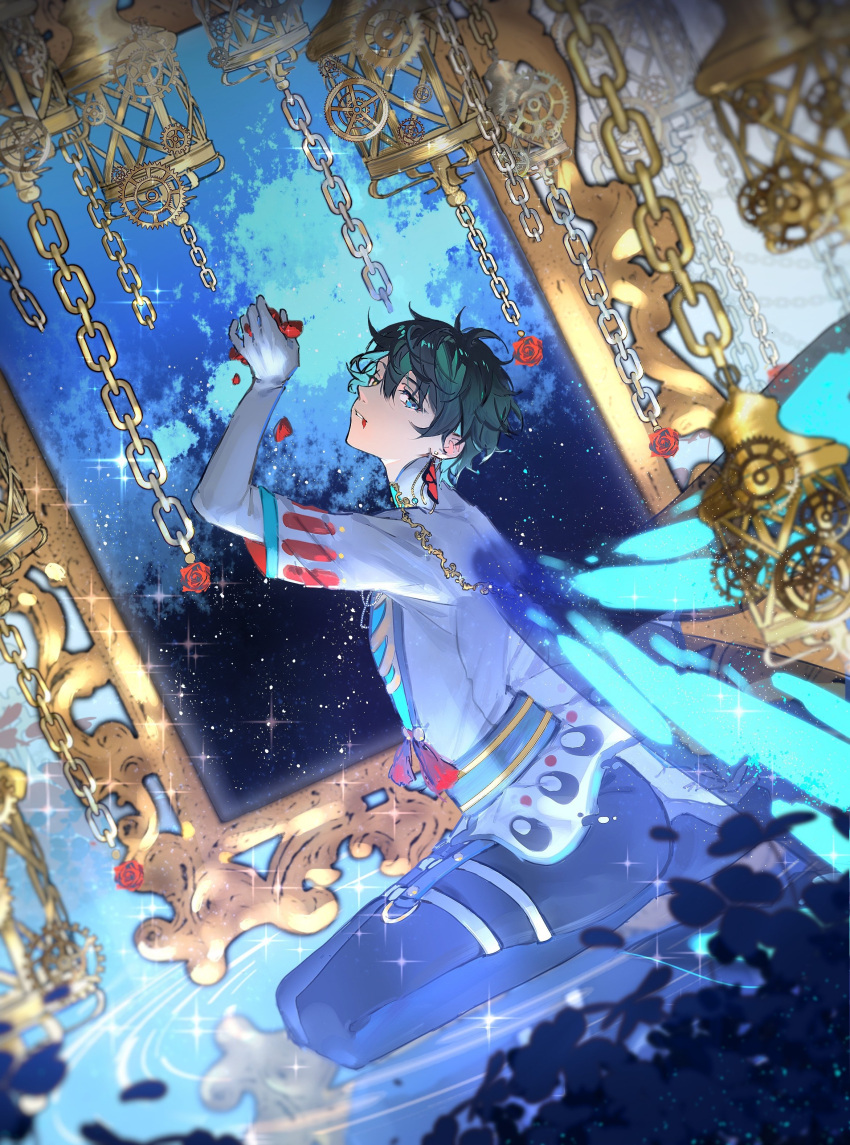 1boy absurdres birdcage black_hair black_pants blue_eyes blue_wings butterfly_wings cage ensemble_stars! flower gears gloves heterochromia highres jacket kagehira_mika long_sleeves male_focus on_water pants petals picture_frame red_flower red_rose rose short_hair sitting solo stop_adashino water white_gloves white_jacket wings yellow_eyes