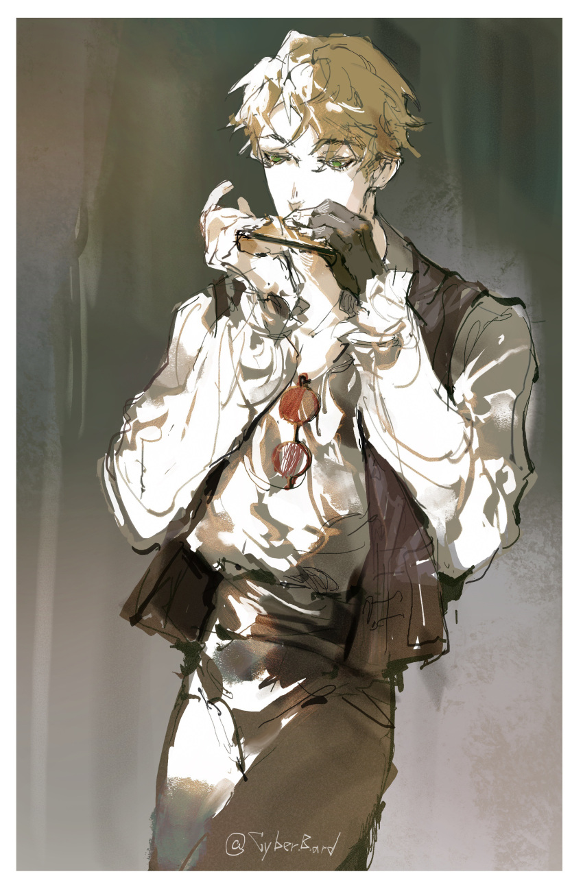 1boy abstract_background absurdres anderson_hood blonde_hair brown_pants brown_vest glasses green_eyes harmonica highres instrument lord_of_the_mysteries music pants playing_instrument saiboyinyoushiren20 shirt short_hair signature solo vest white_shirt